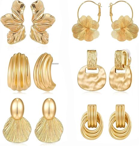 6 Pairs Summer Chunky Earrings for Women Gold Flower Shell Dangle Earrings Vintage Textured Stud Clip On Drop Earrings Set in Saudi Arabia
