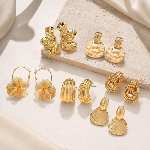 6 Pairs Summer Chunky Earrings for Women Gold Flower Shell Dangle Earrings Vintage Textured Stud Clip On Drop Earrings Set in Saudi Arabia