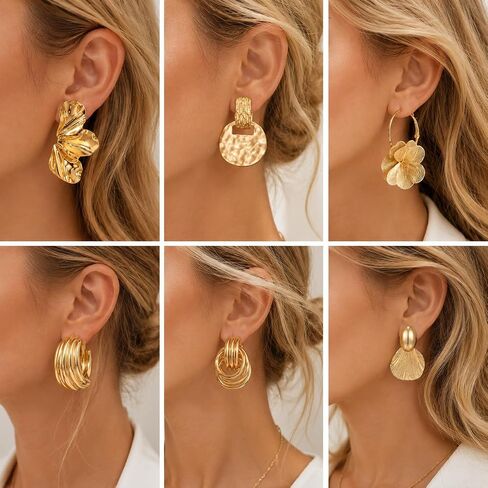 6 Pairs Summer Chunky Earrings for Women Gold Flower Shell Dangle Earrings Vintage Textured Stud Clip On Drop Earrings Set in Saudi Arabia