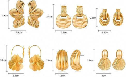 6 Pairs Summer Chunky Earrings for Women Gold Flower Shell Dangle Earrings Vintage Textured Stud Clip On Drop Earrings Set in Saudi Arabia