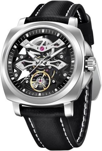 Pagani Design PD-YS017 Men's Automatic Skeleton Mechanical Watch - 45mm Square Dial, Self-Winding, Sapphire Crystal, Water Resistant, Black Leather Strap, Luxury Birthday Gift for Men in Saudi Arabia