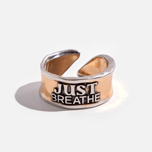 Katia Designs Just Breathe Remember Adjustable Ring – Two-Tone Gold & Silver Finish – Inspirational Thumb or Finger Ring for Women – Nickel-Free, Size Adjustable, Motivational Jewelry Gift in Saudi Arabia