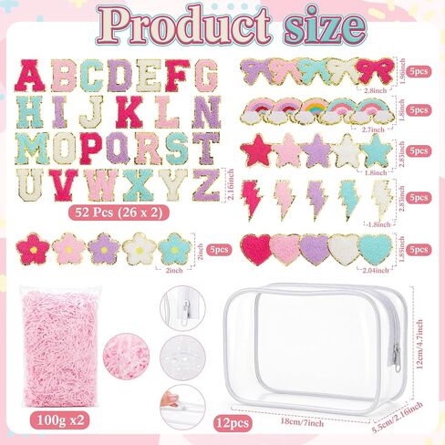 Kacctyen 96 Pcs DIY Clear Cosmetics Bags Kit Including 12 Clear PVC Makeup Bags, 82 Pcs Chenille Letter Patches Self-adhesive Stickers, 2 Crinkle Paper Filler for DIY Craft Sleepover Party Gifts in Kuwait