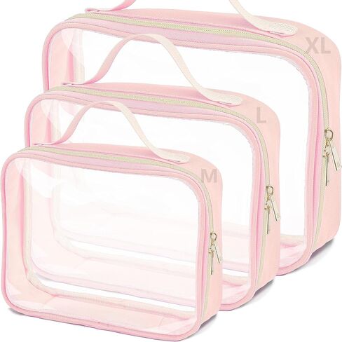 3 Set of Clear Travel Bags for Toiletries,Clears Makeup-Bag Quart Size Travel Bag, Pink in Saudi Arabia