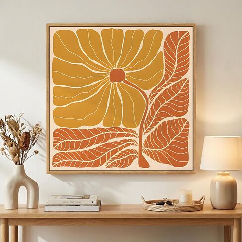 Framed Boho Abstract Floral Wall Art for Living Room, Square Orange Flower Canvas Artwork for Walls, Mid Century Modern Bohemian Pictures Wall Decor for Bedroom Dining Room Hallway Office, 24x24 Inch in Saudi Arabia