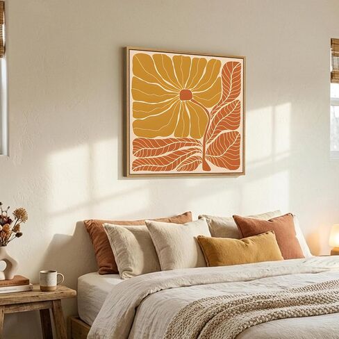 Framed Boho Abstract Floral Wall Art for Living Room, Square Orange Flower Canvas Artwork for Walls, Mid Century Modern Bohemian Pictures Wall Decor for Bedroom Dining Room Hallway Office, 24x24 Inch in Saudi Arabia