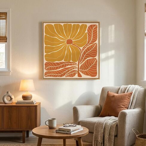 Framed Boho Abstract Floral Wall Art for Living Room, Square Orange Flower Canvas Artwork for Walls, Mid Century Modern Bohemian Pictures Wall Decor for Bedroom Dining Room Hallway Office, 24x24 Inch in Saudi Arabia