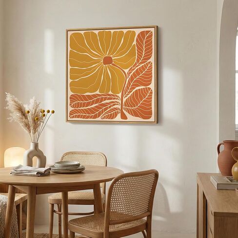 Framed Boho Abstract Floral Wall Art for Living Room, Square Orange Flower Canvas Artwork for Walls, Mid Century Modern Bohemian Pictures Wall Decor for Bedroom Dining Room Hallway Office, 24x24 Inch in Saudi Arabia