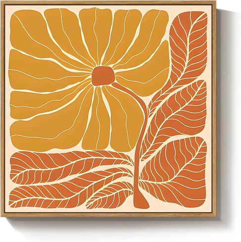 Framed Boho Abstract Floral Wall Art for Living Room, Square Orange Flower Canvas Artwork for Walls, Mid Century Modern Bohemian Pictures Wall Decor for Bedroom Dining Room Hallway Office, 24x24 Inch in Saudi Arabia