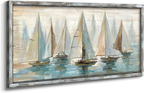 Beach Ocean Framed Wall Art: Sailboat Pictures Coastal Wooden Painting Seaside Prints Seascapes Artwork for Bedroom(40x20) in Saudi Arabia