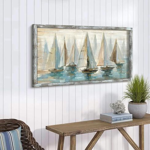 Beach Ocean Framed Wall Art: Sailboat Pictures Coastal Wooden Painting Seaside Prints Seascapes Artwork for Bedroom(40x20) in Saudi Arabia