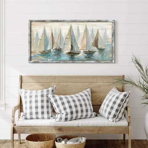 Beach Ocean Framed Wall Art: Sailboat Pictures Coastal Wooden Painting Seaside Prints Seascapes Artwork for Bedroom(40x20) in Saudi Arabia