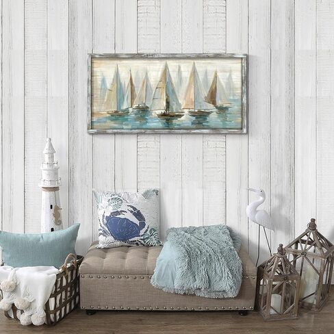 Beach Ocean Framed Wall Art: Sailboat Pictures Coastal Wooden Painting Seaside Prints Seascapes Artwork for Bedroom(40x20) in Saudi Arabia