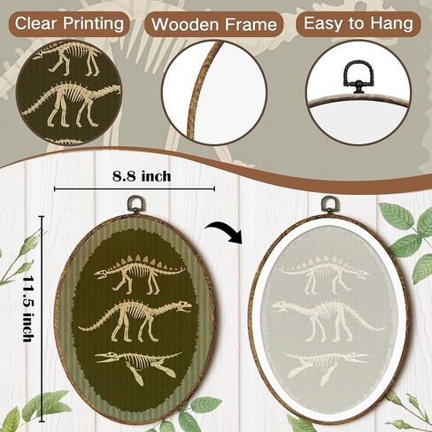 FSTCSV Dinosaur Skeleton Boy Nursery Oval Wall Art Framed, Retro Dinosaur Canvas Prints Wall Hanging Art, Vintage Dino Bones Oval Walls Decor for Boys Kids Room Living Room Bedroom, 8.8x11.5in in Saudi Arabia