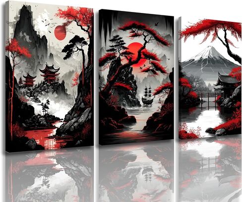 3Pcs Japanese Wall Art Japanese Landscape Wall Decor Pictures Red and Black Cherry Blossom Trees Building Canvas Posters Prints for Living Room Bedroom Home Decoration 12x16in Unframed in Saudi Arabia