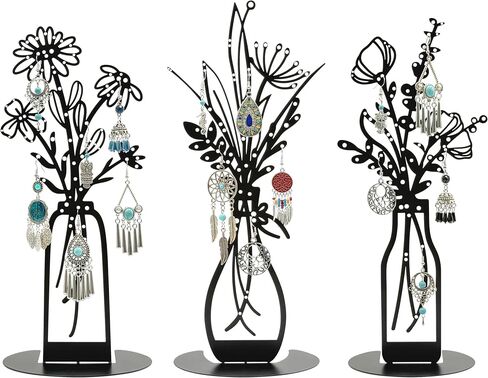 3 Pieces Metal Flowers Vases Earring Organizer 13.2 Inches in Height, Tabletop Earring Hanger,Jewelry Storage Tree Earring Display Stand, Black Dresser Decor in Saudi Arabia