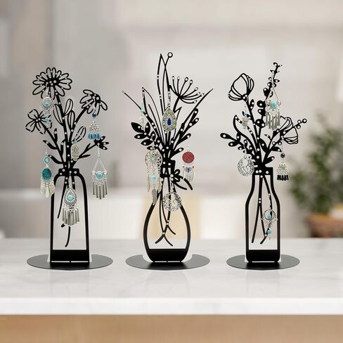 3 Pieces Metal Flowers Vases Earring Organizer 13.2 Inches in Height, Tabletop Earring Hanger,Jewelry Storage Tree Earring Display Stand, Black Dresser Decor in Saudi Arabia