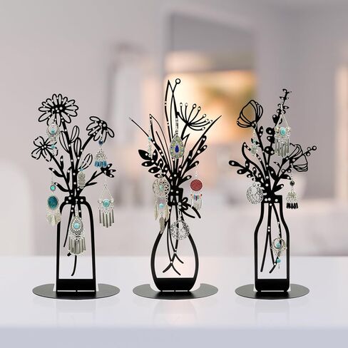 3 Pieces Metal Flowers Vases Earring Organizer 13.2 Inches in Height, Tabletop Earring Hanger,Jewelry Storage Tree Earring Display Stand, Black Dresser Decor in Saudi Arabia