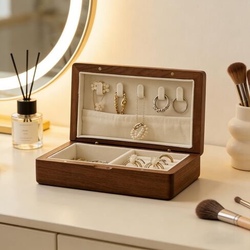 Real Wooden Jewelry Box With Flannelette Lining Travel Portable Multi-functional Suitable For Rings Bracelets Necklaces With Compartmented Storage And Elastic Pockets For Organization in Saudi Arabia