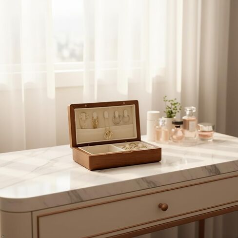 Real Wooden Jewelry Box With Flannelette Lining Travel Portable Multi-functional Suitable For Rings Bracelets Necklaces With Compartmented Storage And Elastic Pockets For Organization in Saudi Arabia