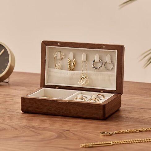 Real Wooden Jewelry Box With Flannelette Lining Travel Portable Multi-functional Suitable For Rings Bracelets Necklaces With Compartmented Storage And Elastic Pockets For Organization in Saudi Arabia