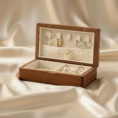Real Wooden Jewelry Box With Flannelette Lining Travel Portable Multi-functional Suitable For Rings Bracelets Necklaces With Compartmented Storage And Elastic Pockets For Organization in Saudi Arabia