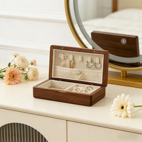 Real Wooden Jewelry Box With Flannelette Lining Travel Portable Multi-functional Suitable For Rings Bracelets Necklaces With Compartmented Storage And Elastic Pockets For Organization in Saudi Arabia