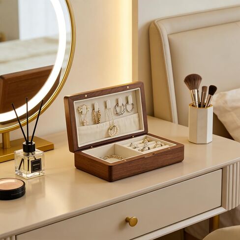 Real Wooden Jewelry Box With Flannelette Lining Travel Portable Multi-functional Suitable For Rings Bracelets Necklaces With Compartmented Storage And Elastic Pockets For Organization in Saudi Arabia