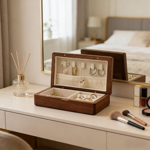 Real Wooden Jewelry Box With Flannelette Lining Travel Portable Multi-functional Suitable For Rings Bracelets Necklaces With Compartmented Storage And Elastic Pockets For Organization in Saudi Arabia