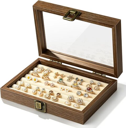tutata Jewelry Box 7 Slot Ring & Earrings Organizer Box Jewelry Tray Holder Walnut Color in Kuwait