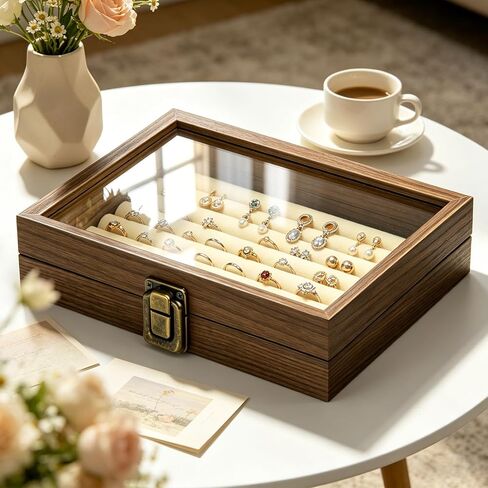 tutata Jewelry Box 7 Slot Ring & Earrings Organizer Box Jewelry Tray Holder Walnut Color in Kuwait