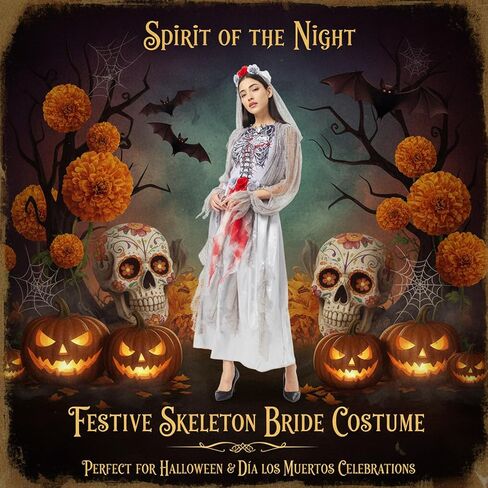 Horror Bride Wedding Dress with Bridal Veil Ghost Costume Women Skull Scary Bloody Zombie Gown for Halloween​ in Saudi Arabia