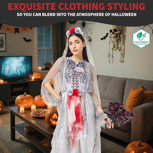 Horror Bride Wedding Dress with Bridal Veil Ghost Costume Women Skull Scary Bloody Zombie Gown for Halloween​ in Saudi Arabia