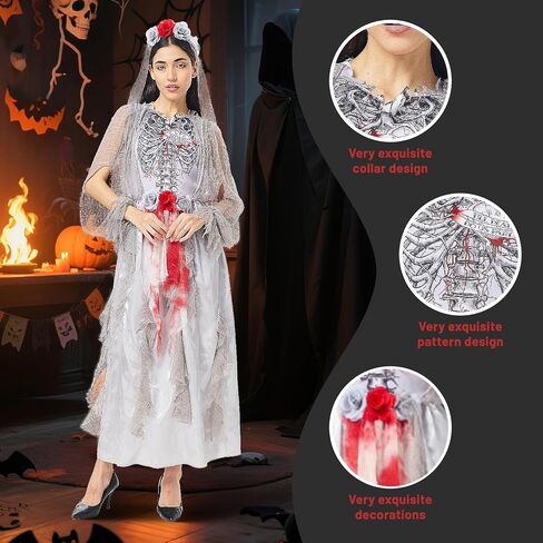 Horror Bride Wedding Dress with Bridal Veil Ghost Costume Women Skull Scary Bloody Zombie Gown for Halloween​ in Saudi Arabia