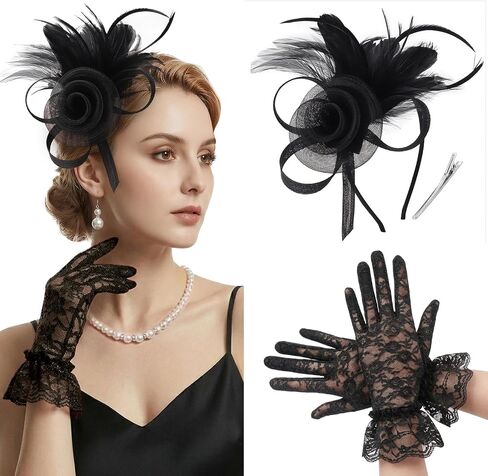 قبعات AQOKKA Fascinators للنساء مع قفازات من الدانتيل وحفلات الشاي وعصابة رأس من الريش على شكل زهرة كنتاكي ديربي وقبعة ومشبك للفتيات in Kuwait