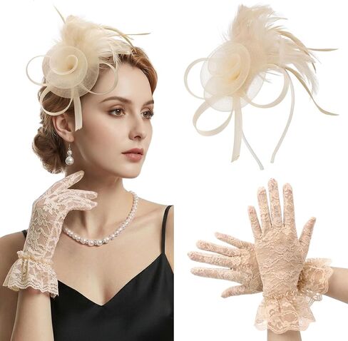 قبعات AQOKKA Fascinators للنساء مع قفازات من الدانتيل وحفلات الشاي وعصابة رأس من الريش على شكل زهرة كنتاكي ديربي وقبعة ومشبك للفتيات in Kuwait
