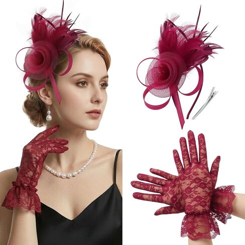 قبعات AQOKKA Fascinators للنساء مع قفازات من الدانتيل وحفلات الشاي وعصابة رأس من الريش على شكل زهرة كنتاكي ديربي وقبعة ومشبك للفتيات in Kuwait
