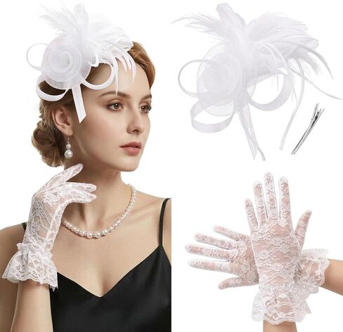 قبعات AQOKKA Fascinators للنساء مع قفازات من الدانتيل وحفلات الشاي وعصابة رأس من الريش على شكل زهرة كنتاكي ديربي وقبعة ومشبك للفتيات in Kuwait