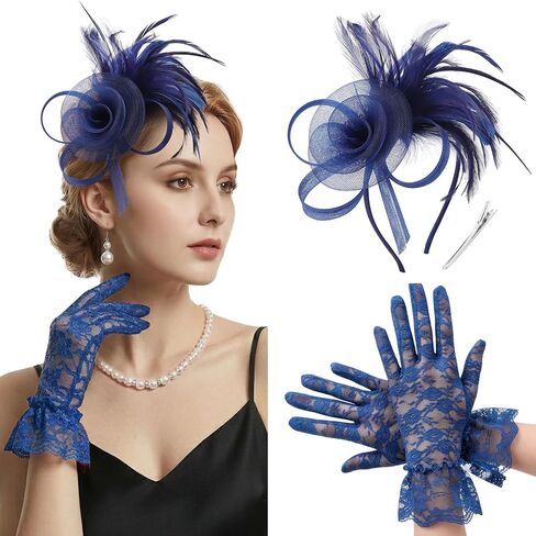 قبعات AQOKKA Fascinators للنساء مع قفازات من الدانتيل وحفلات الشاي وعصابة رأس من الريش على شكل زهرة كنتاكي ديربي وقبعة ومشبك للفتيات in Kuwait