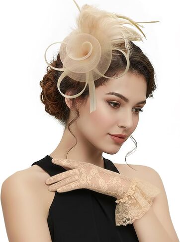 قبعات AQOKKA Fascinators للنساء مع قفازات من الدانتيل وحفلات الشاي وعصابة رأس من الريش على شكل زهرة كنتاكي ديربي وقبعة ومشبك للفتيات in Kuwait