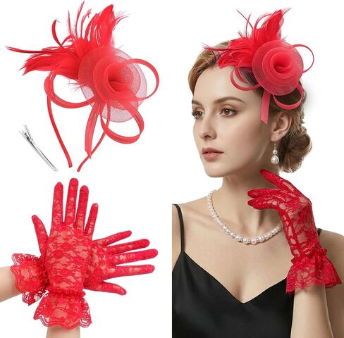 قبعات AQOKKA Fascinators للنساء مع قفازات من الدانتيل وحفلات الشاي وعصابة رأس من الريش على شكل زهرة كنتاكي ديربي وقبعة ومشبك للفتيات in Kuwait