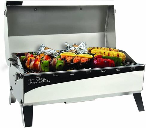 Kuuma "Kuuma Premium Stainless Steel Mountable Charcoal Grill w/Inner Lid Liner by Camco -Compact Portable Size Perfect for Boats, Tailgating and More - Stow N Go 160"" (58110)", silver in Kuwait