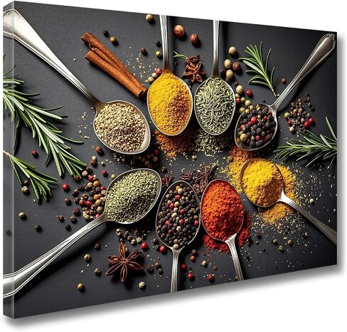Kitchen Wall Art Decor Colorful Spices and Seasoning Spoon Kitchen Pictures Prints Posters Artwork Paintings Dining Room Canvas Wall Decor Restaurant Dining Room Modern Decorations 12x16 Inch Framed in Saudi Arabia