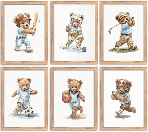 6Pcs Sports Teddy Bear Canvas Wall Art - Watercolor Kids Room Canvas Wall Decor, Cute Baseball Soccer Hockey Golf Basketball Football Poster Set for Boys Bedroom Nursery Playroom Farmhouse Home Decor,Unframed in Kuwait