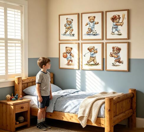 6Pcs Sports Teddy Bear Canvas Wall Art - Watercolor Kids Room Canvas Wall Decor, Cute Baseball Soccer Hockey Golf Basketball Football Poster Set for Boys Bedroom Nursery Playroom Farmhouse Home Decor,Unframed in Kuwait