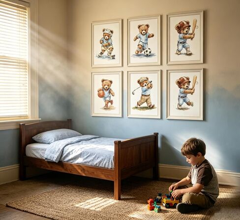 6Pcs Sports Teddy Bear Canvas Wall Art - Watercolor Kids Room Canvas Wall Decor, Cute Baseball Soccer Hockey Golf Basketball Football Poster Set for Boys Bedroom Nursery Playroom Farmhouse Home Decor,Unframed in Kuwait