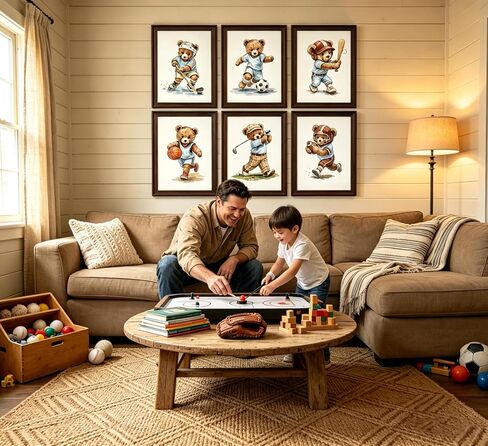 6Pcs Sports Teddy Bear Canvas Wall Art - Watercolor Kids Room Canvas Wall Decor, Cute Baseball Soccer Hockey Golf Basketball Football Poster Set for Boys Bedroom Nursery Playroom Farmhouse Home Decor,Unframed in Kuwait