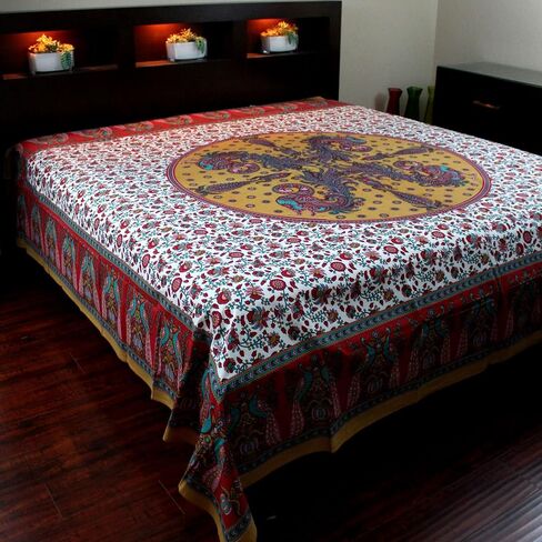 Cotton Peacock Floral Tapestry Wall Hanging Coverlet Bedspread Tablecloth Square Beach Sheet Thin Bed Sheet Red Queen 106 x 106 inches in Saudi Arabia