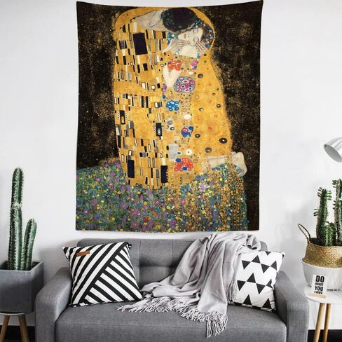 The Kiss, 1907 by Gustav Klimt Oil Painting Tapestry High-Definition Home Art Wall Hanging Blanket Interior Aesthetic Bedroom Dorm Cafe Decor, Unique Housewarming Birthday Gift (150 x 200cm / 59 x 79inch) in Saudi Arabia