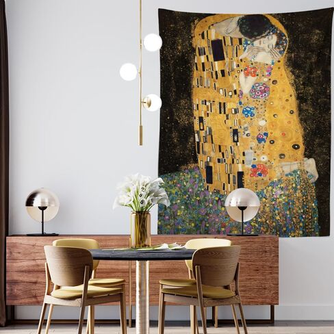 The Kiss, 1907 by Gustav Klimt Oil Painting Tapestry High-Definition Home Art Wall Hanging Blanket Interior Aesthetic Bedroom Dorm Cafe Decor, Unique Housewarming Birthday Gift (150 x 200cm / 59 x 79inch) in Saudi Arabia